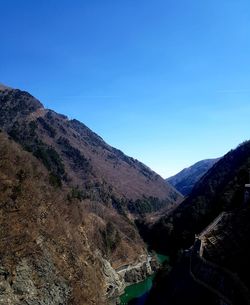 Scenic view of mountains against clear blue sky