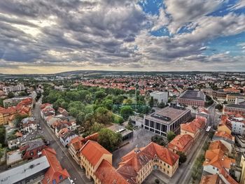 High angle shot of townscape against sky