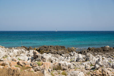 Scenic view of sea against clear blue sky