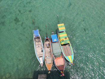 High angle view of boat floating on lake