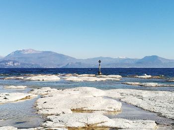 Scenic view of sea against clear blue sky