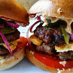 Close-up of burger in plate on table