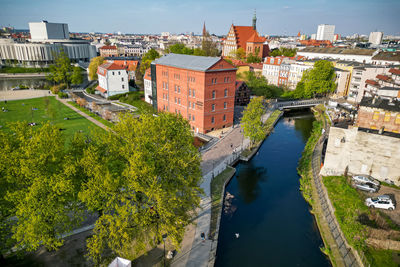 High angle view of buildings in city