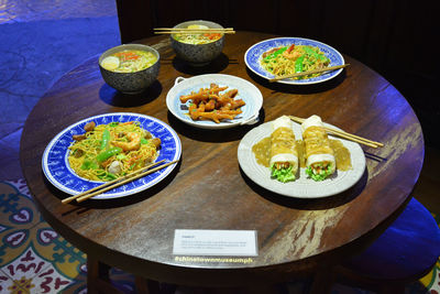 High angle view of meal served on table