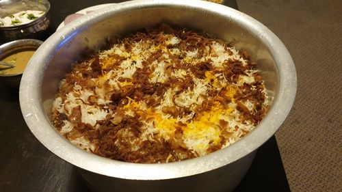 High angle view of food in bowl on table