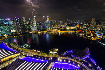 High angle view of city lit up at night