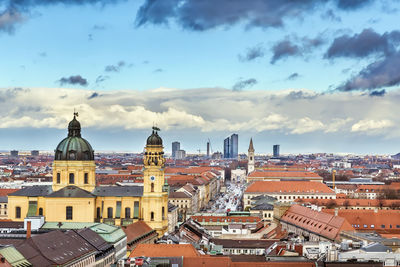 Aerial view of munich with theatine church from new town hall tower, germany