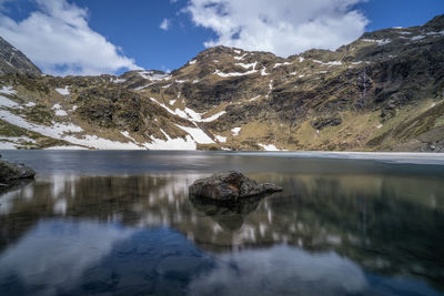 Scenic view of lake and snowcapped mountains against sky