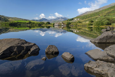 The snowdon mountains reflected in a lake in the snowdonia national park, north wales, uk