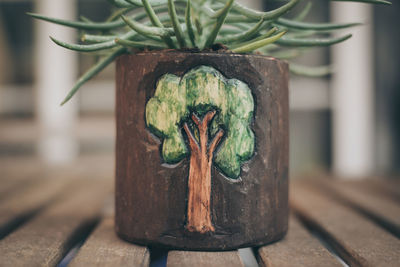 Close-up of potted plant on wooden post