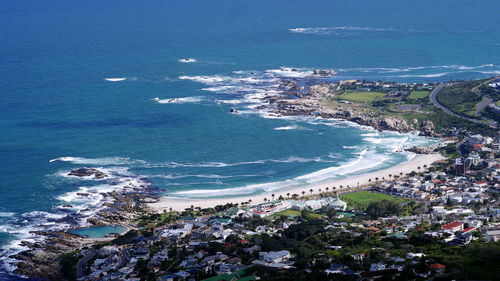 High angle view of city by sea