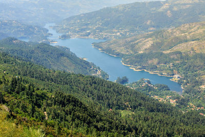 High angle view of trees and mountains