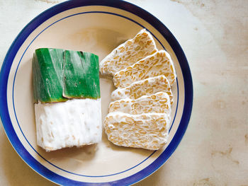 High angle view of breakfast served on table