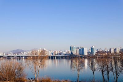 Scenic view of river by buildings against clear sky