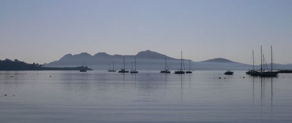 Boats moored in sea against clear sky