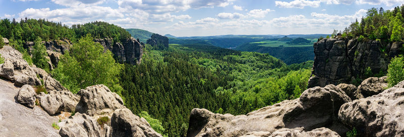 Panoramic view of green landscape against sky