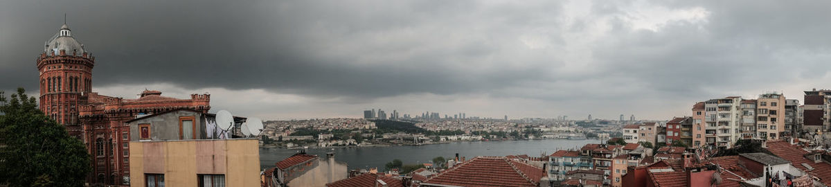 Panoramic view of buildings against cloudy sky