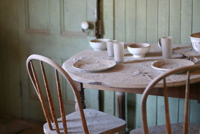 Close-up of a table in an abandoned house