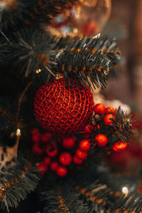 New year winter season. holiday details. christmas tree green branches decorated with red berries