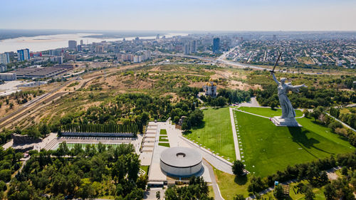 Volgograd, russia. aerial view of the statue the motherland calls .the mamaev hill 