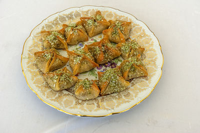 High angle view of bread in plate on table