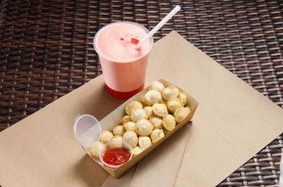 High angle view of breakfast on table