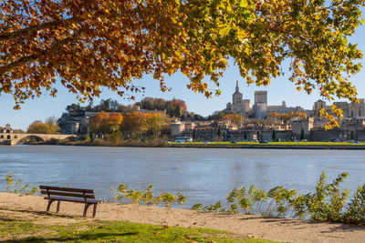 General view of avignon city and his bridge over rhone river, in autumn. photography taken france