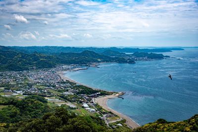 High angle view of bay against sky