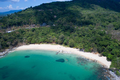 High angle view of sea and mountains