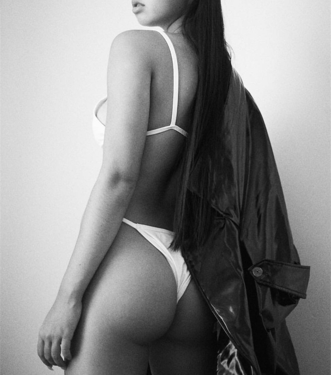 one person, adult, women, black and white, young adult, clothing, underwear, hairstyle, lingerie, fashion, indoors, monochrome photography, black, long hair, studio shot, photo shoot, portrait, monochrome, bra, desire, black hair, glamour, undergarment, female, three quarter length, slim, lifestyles, blond hair, panties, semi-dress, side view, human hair, standing, g-string, person
