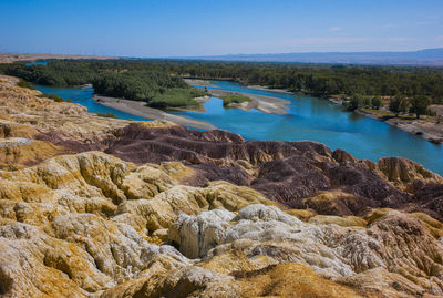 Scenic view of water against clear blue sky