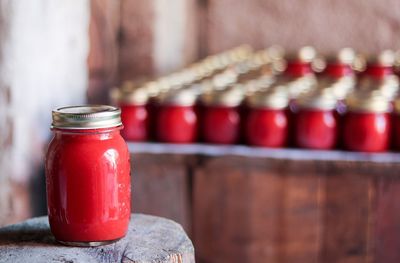 Close-up of red sauce in jar