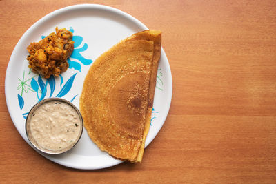 High angle view of breakfast served on table