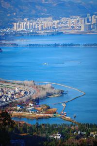 High angle view of city buildings