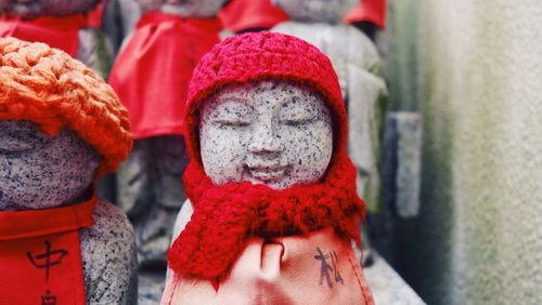 Close-up of sculptures outside temple