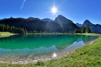 Scenic view of lake against blue sky