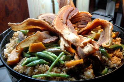 Close-up of paella served in paellera