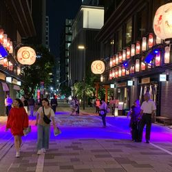 People on illuminated street amidst buildings in city at night