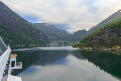 Scenic view of lake by mountains against sky