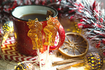 Close-up of christmas decorations on table