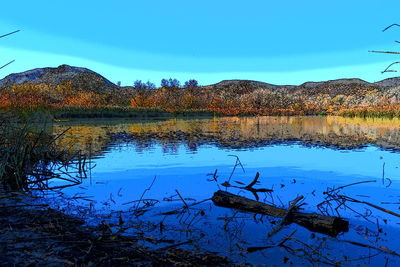 Scenic view of lake against clear blue sky