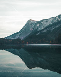 Scenic view of lake by mountains against sky