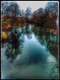 Reflection of trees in lake against sky