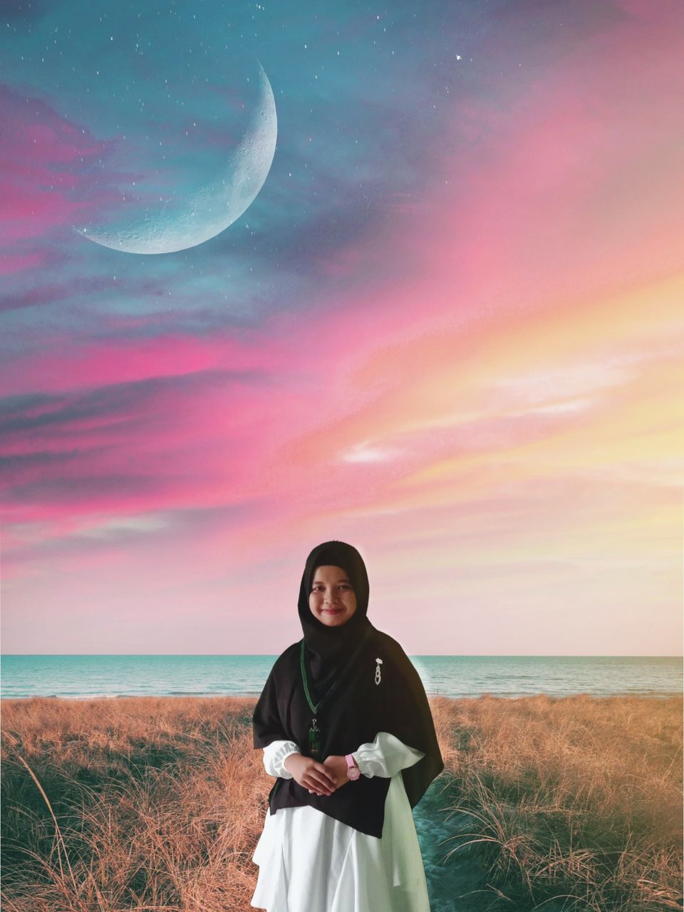 moon, sky, one person, land, horizon, nature, adult, sea, beach, beauty in nature, standing, women, space, scenics - nature, cloud, young adult, water, tranquility, night, clothing, astronomy, three quarter length, star, sunset, tranquil scene, plant, portrait, horizon over water, landscape, outdoors, front view, looking, smiling, person, full moon, female, environment, grass, religion, copy space