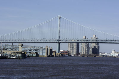 Bridge over river in city against clear sky