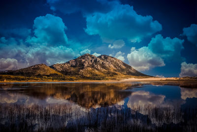 Scenic view of lake by mountains against sky