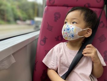 Close-up of cute boy sitting on bus