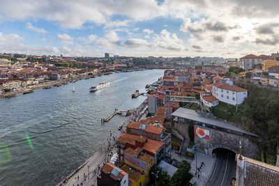 High angle view of river amidst buildings in city against sky