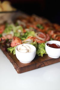 Close-up of meal served on table