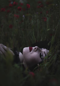 Close-up of woman lying in grass